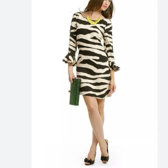 KATE SPADE ANDORA ZEBRA PRINT BLACK CREAM SILK SHIFT DRESS Size 4 - Picture 1 of 16